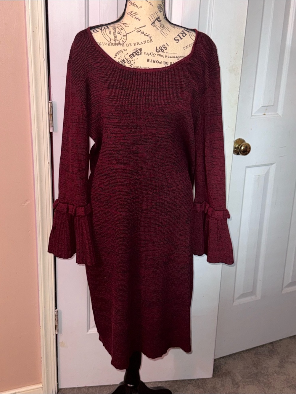 Nina Leonard Burgundy Knit Ruffle Bell-Sleeve Dress
